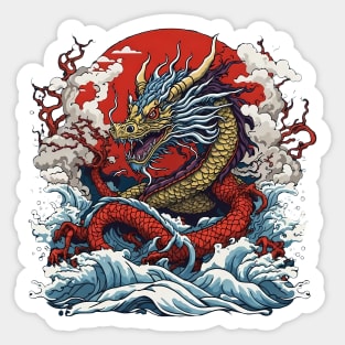 Dragon against the backdrop of a setting sun bathed in ocean waves Sticker